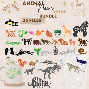 Tier Wort Kunst SVG PNG Bundle | Typografie Tierformen | Name Silhouette Clipart | Einzigartige Wildtiere Digitale Basteldateien