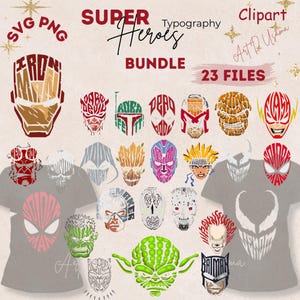 Ensemble de super héros typographiques SVG | Personnage masqué SVG PNG | Clipart numérique Word Art | Designs inspirés des bandes dessinées pour travaux manuels, t-shirts