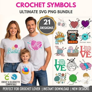Crochet Symbols SVG PNG Bundle, Knitting Yarn Ball Clipart (Digital Download)
