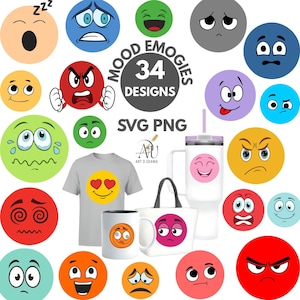May include: A collection of 34 colourful circular emoji faces with various expressions, including angry, happy, sad, and confused. The image features text reading MOOD EMOGIES 34 DESIGNS SVG PNG, alongside a grey t-shirt, a white mug, and a white tumbler.