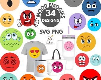 Mood Emojis SVG PNG Bundle: Expressive Emotion Clipart (Digital Download)
