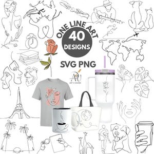 Peut inclure: Une collection de 40 designs en art linéaire, aux formats SVG et PNG, présentant des dessins au trait noir de visages, animaux, nature et icônes de voyage, accompagnés d'un t-shirt gris, d'un mug, d'un sac fourre-tout et d'un gobelet blancs.