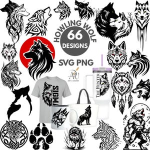 May include: A digital collection of 66 howling wolf designs in SVG and PNG formats, featuring various black and white wolf illustrations, a gray t-shirt with a wolf graphic, a white mug with a wolf print, and a white tumbler with a wolf design.