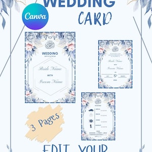 Modelo de convite de casamento editável com estampa floral azul claro | Cartão Nikah digital | Convite de casamento islâmico Canva | Download digital com estampa floral elegante