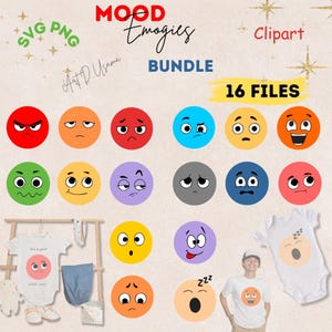 Puede incluir: Un paquete de imágenes prediseñadas digitales con 16 diseños de emoji con varias expresiones. Los emojis tienen forma circular y vienen en una variedad de colores, incluyendo rojo, naranja, azul y morado. También se ven las palabras "MOOD Emogies BUNDLE" y "Clipart".