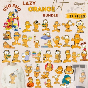 May include: A digital collection of Garfield the cat clipart images. The phrase "Lazy Orange Cat Bundle" is displayed in yellow text, along with "37 FILES". The images show Garfield in various poses, including wearing sunglasses, holding food, and wearing a nightcap.