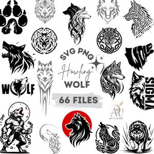Puede incluir: Colección de archivos SVG y PNG con temática de lobos en blanco y negro. Los diseños incluyen varias ilustraciones de lobos, huellas de patas y el texto "Howling Wolf" y "66 FILES".