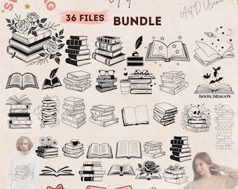 Dark Academia Book Clipart Bundle, Whimsical Reader Graphics (SVG, PNG)