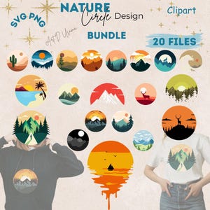 Op de afbeelding: Een digitale bundel van 20 cirkelvormige ontwerpen met een natuurthema. Elk ontwerp toont een landschap met bergen, bomen, zonsondergangen en dieren in het wild. De ontwerpen zijn in SVG- en PNG-formaten, met de tekst "Nature Circle Design Bundle" en "Clipart".