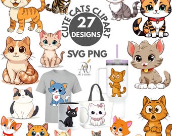 Kawaii Cat SVG Bundle, Cute Cartoon Kitty Clipart PNG, Cricut Cut Files