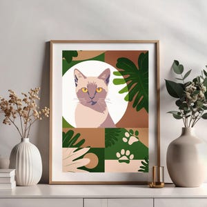 Modern Cat Wall Art Printable | Neutral Green and Beige Decor | Minimalist Cat Illustration | Instant Digital Download