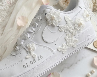Custom Air Force 1 Bridal Sneakers, Pearl Wedding Shoes for Bride, Floral Lace Reception Shoes, Personalized Bride Sneakers