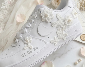 Custom Air Force 1 Bridal Sneakers, Pearl Wedding Shoes for Bride, Floral Lace Reception Shoes, Personalized Bride Sneakers