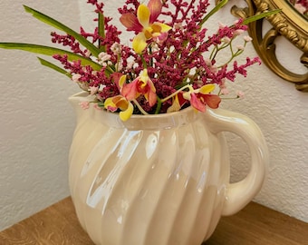 Vintage Beige Ceramic Pitcher Large Swirl Pottery Jug with Handle Rustic Farmhouse Cottagecore Vase Neutral Stoneware Decor