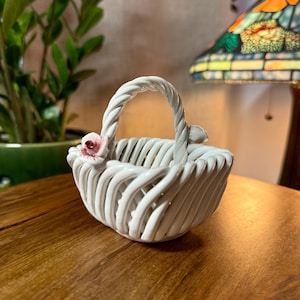 Vintage Ceramic Basket White Twisted Rope Design with Dark Pink Flowers Handmade Floral Porcelain Home Decor Cottagecore Accent