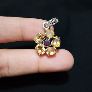 Sunflower Pendant with Citrine & Red Garnet” 925 Sterling silver pendant handmade pendant gift for women