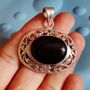 Handmade 925 Sterling Silver natural Black Onyx Pendant | Vintage Style Filigree Oval Gemstone Necklace Charm | Boho Jewelry for  Women&quot;