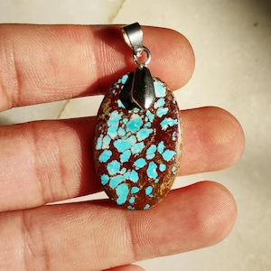 Natural Turquoise Pendant | Oval Blue Gemstone Necklace Charm | Southwestern Boho Jewelry | Handmade Stone Pendant