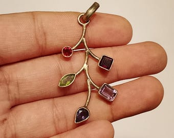 925 Sterling Silver Multi-Gemstone Tree Branch Pendant – Handmade Boho Jewelry with Amethyst, Garnet, Peridot & More&quot; gift for him