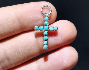 Handmade Turquoise Cross Pendant Necklace Boho Jewelry Gift&quot; 925 sterling silver pendant gift for women small pendant