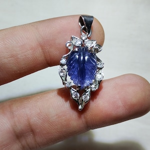 Hand-Carved Kyanite Leaf Pendant in 925 Sterling Silver with CZ Accents Natural Blue Kyanite Gemstone Necklace  Elegant Jewelry Gift for Her