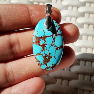 Natural Turquoise Pendant | Oval Blue Gemstone Necklace Charm | Southwestern Boho Jewelry | Handmade Stone Pendant