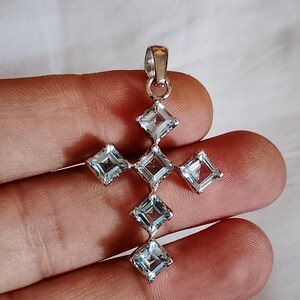 925 Sterling Silver Aquamarine Cross Pendant | Handmade Square Cut Gemstone Jewelry | Christian Charm Necklace | March Birthstone Gift&quot;