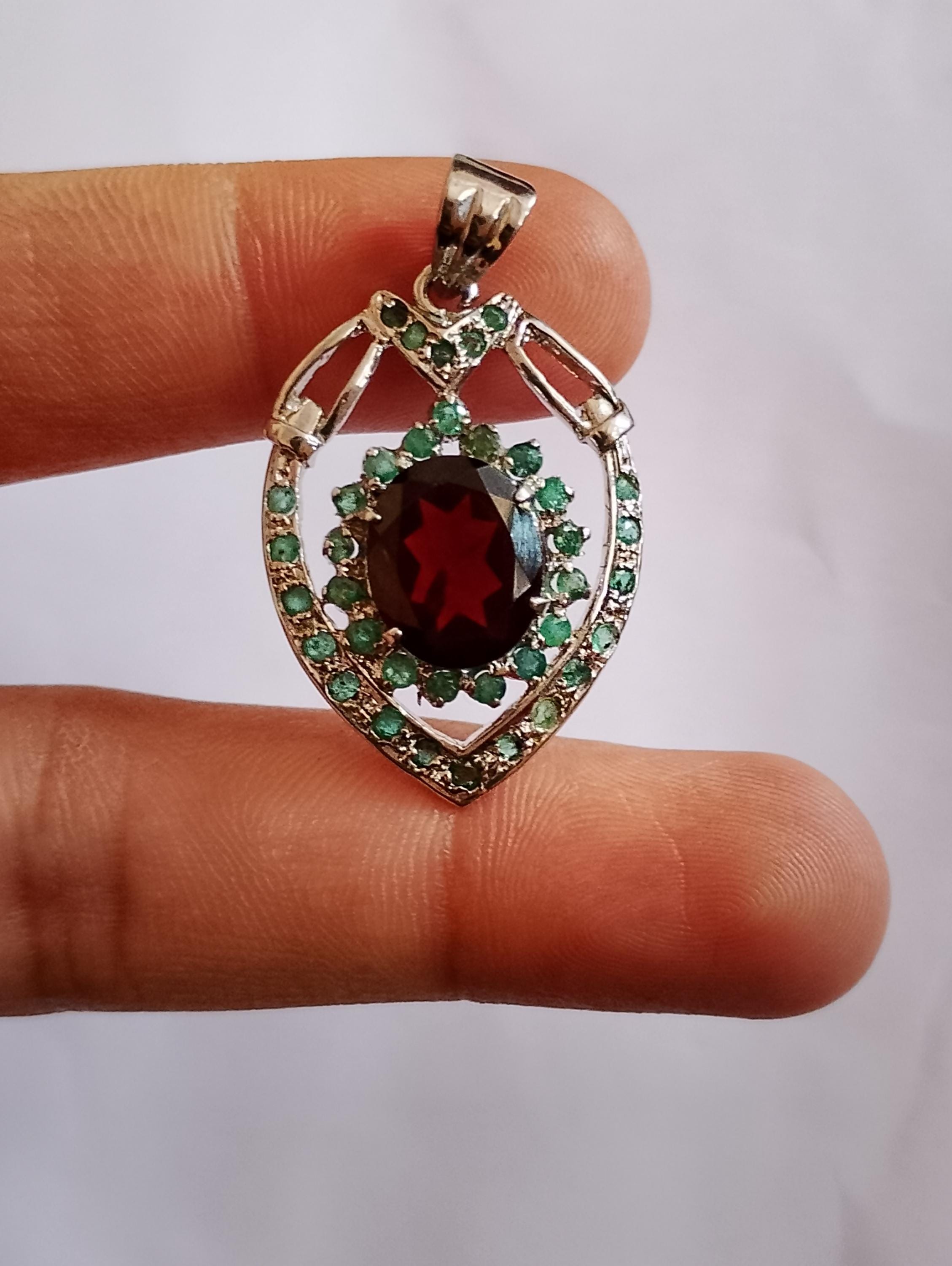 Natural. Garnet and Emerald Pendant silver garnet/ Emerald necklace 925 Sterling Silver pendant gift for women