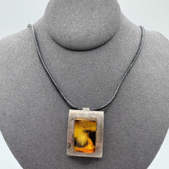 Sterling Silver 925 Amber Style Rectangular Penda… - image 1