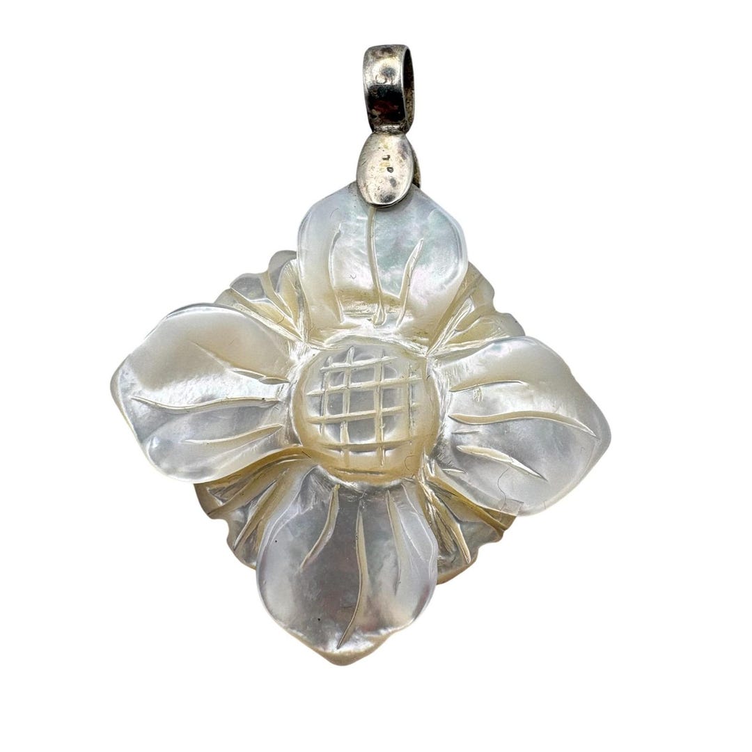CH Sterling Silver 925 Carved Mother of Pearl Flower Pendant Charm 1 ...
