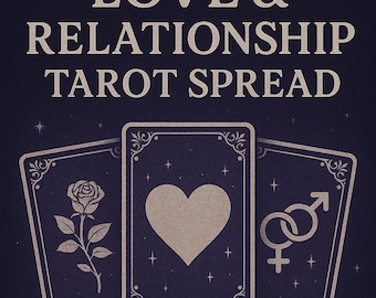 May include: A dark blue poster with the text "LOVE & RELATIONSHIP TAROT SPREAD" and "MYSTIC SEER TAROT". Three tarot cards are displayed, one with a rose, one with a heart, and one with gender symbols.