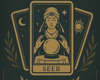Peut inclure: Une affiche vert foncé avec du texte et des illustrations dorées. Le texte indique "MYSTIC SEER TAROT READING". L'image centrale est une carte de tarot avec une voyante regardant dans une boule de cristal. D'autres cartes montrent un croissant de lune et un soleil. Des branches de laurier encadrent le design.