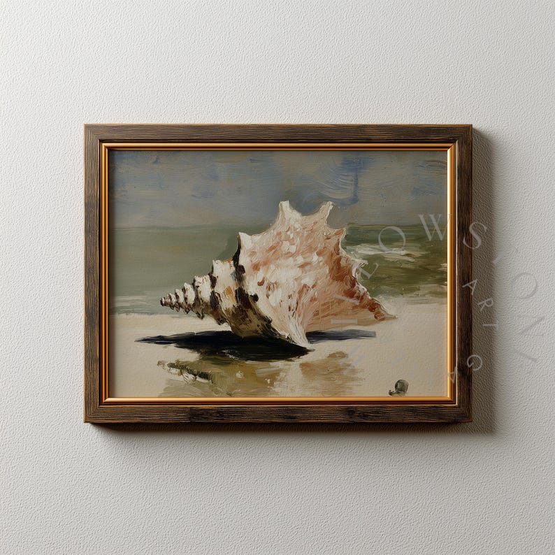 Close-up Impressionistic Coastal Conch Painting - Vintage Beach Seaside ...
