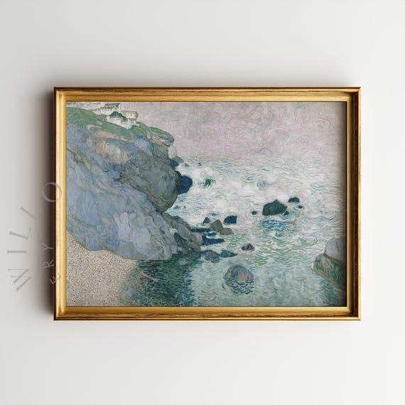 Moody Coastal Scene Printable - Vintage Seaside Painting, Stormy Cliffs and Sea, Cottagecore Coastal Farmhouse Wall Art, Digital Download 6