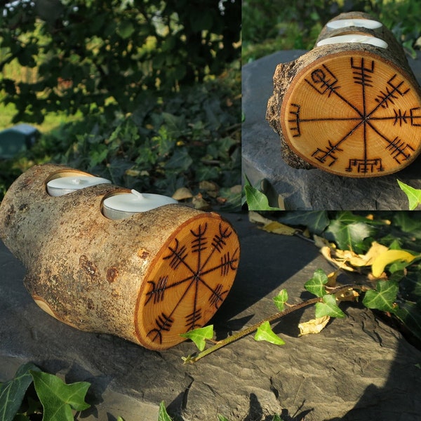 Viking Compass & Helm of Awe T-light holder * Hand burnt on Ash wood * Vegvisir *Norse Decor * Viking Decor *