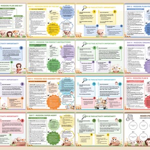 Op de afbeelding: Een set kleurrijke educatieve kaarten met tekst en illustraties. Elke kaart heeft een ander thema, waaronder planning, doelen en organisatie. De kaarten zijn ontworpen met een speelse esthetiek, met schattige dierenfiguren.