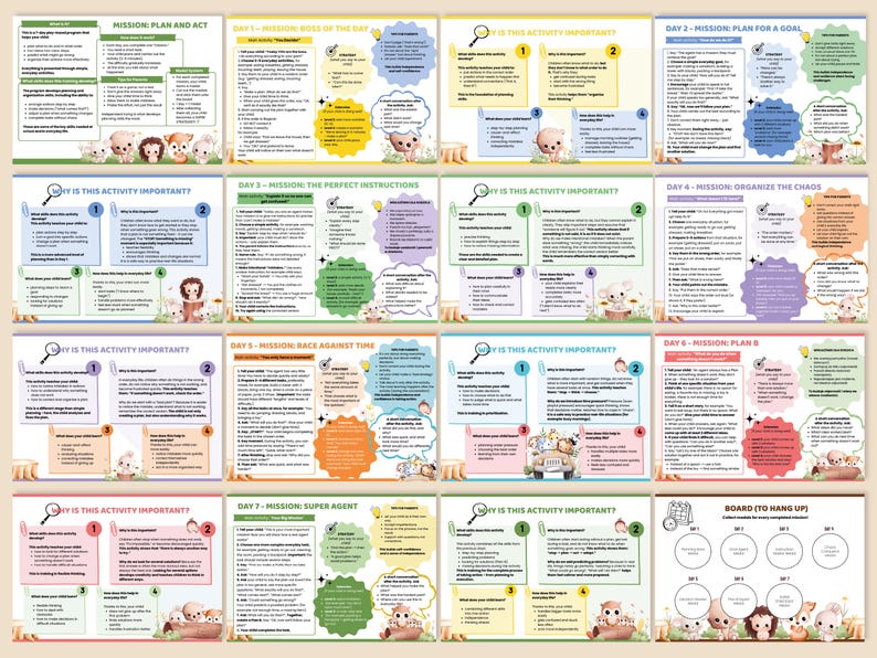 Op de afbeelding: Een set kleurrijke educatieve kaarten met tekst en illustraties. Elke kaart heeft een ander thema, waaronder planning, doelen en organisatie. De kaarten zijn ontworpen met een speelse esthetiek, met schattige dierenfiguren.