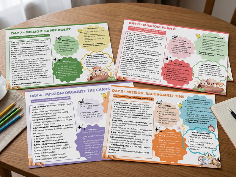 Op de afbeelding: Vier kleurrijke kaarten met tekst en illustraties liggen op een houten tafel. De kaarten, getiteld "Mission: Super Agent" en "Organize the Chaos", hebben verschillende kleurenschema's en ontwerpen, met tekst en afbeeldingen.