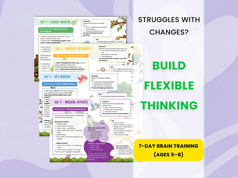 Op de afbeelding: Educatief materiaal voor kinderen van 5-8 jaar. De afbeelding toont verschillende kleurrijke pagina's met tekst en illustraties. De tekst bevat "Struggles with Changes?" en "Build Flexible Thinking." De pagina's maken deel uit van een 7-daags breintrainingsprogramma.
