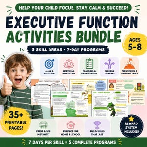 May include: An educational bundle for children aged 5-8, designed to help them focus and succeed. The bundle includes 35+ printable pages with activities focused on 5 skill areas, including focus, emotional regulation, and planning. The bundle includes a reward system.
