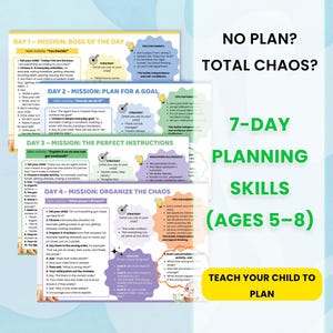 Op de afbeelding: Een kleurrijk educatief schema met de tekst "7-DAY PLANNING SKILLS (AGES 5-8)". Het schema bevat secties met de titels "DAY 1 - MISSION: BOSS OF THE DAY" tot "DAY 4 - MISSION: ORGANIZE THE CHAOS". De tekst "TEACH YOUR CHILD TO PLAN" is ook zichtbaar.