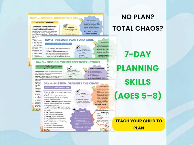 Op de afbeelding: Een kleurrijk educatief schema met de tekst "7-DAY PLANNING SKILLS (AGES 5-8)". Het schema bevat secties met de titels "DAY 1 - MISSION: BOSS OF THE DAY" tot "DAY 4 - MISSION: ORGANIZE THE CHAOS". De tekst "TEACH YOUR CHILD TO PLAN" is ook zichtbaar.