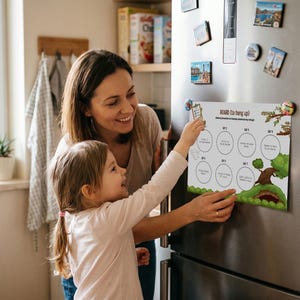Op de afbeelding: Een wit magnetisch bord met een groen en bruin boomontwerp is bevestigd aan een roestvrijstalen koelkast. Het bord heeft acht cirkels voor dagelijkse taken. Een vrouw en een kind interageren met het bord.