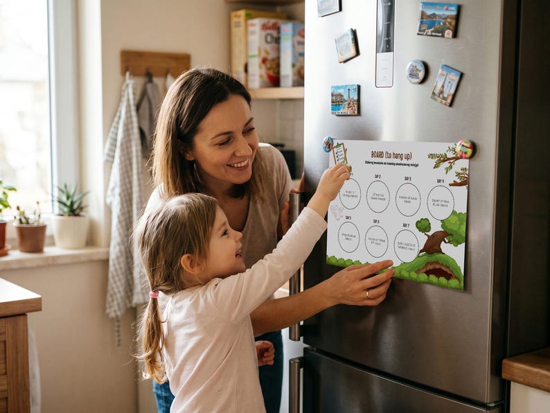 Op de afbeelding: Een wit magnetisch bord met een groen en bruin boomontwerp is bevestigd aan een roestvrijstalen koelkast. Het bord heeft acht cirkels voor dagelijkse taken. Een vrouw en een kind interageren met het bord.