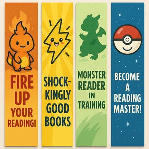 May include: Four illustrated bookmarks with cartoon characters and text. The bookmarks feature a Charmander, a Pikachu-like character, a green dragon, and a Poke Ball. Text includes "Fire Up Your Reading!" and "Become a Reading Master!"