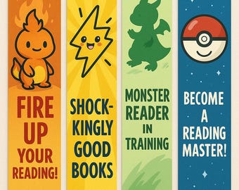 Op de afbeelding: Set van vier kleurrijke bladwijzers met stripfiguren en tekst. De bladwijzers bevatten een Charmander, een Pikachu-achtig personage, een groene draak en een Poké Ball. Tekst bevat "Fire Up Your Reading!" en "Become a Reading Master!"