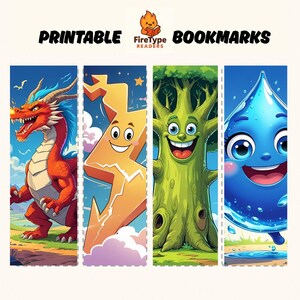 May include: Printable bookmarks featuring cartoon illustrations of a red dragon, a smiling lightning bolt, a happy tree, and a cheerful water droplet. The bookmarks are colorful and designed for readers.