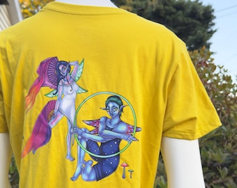 Yellow Fae Flow crop top - 100% cotton boxy crop - Fae Flow Studio merch - Logo by ArtFaerie - handmade in house - front and back designs