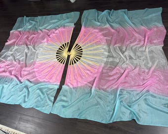 Conjunto de abanicos de seda UV Trans Pride - Varillas etéreas de 15" - Velos semicortos de 45" - Seda extra ancha