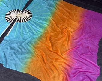 Conjunto de abanicos de seda UV Mariposa Eléctrica **con descuento - pequeña mancha de pegamento en el velo* Varillas de tamaño etéreo de 15" - velos semicortos de 45" - seda extra ancha